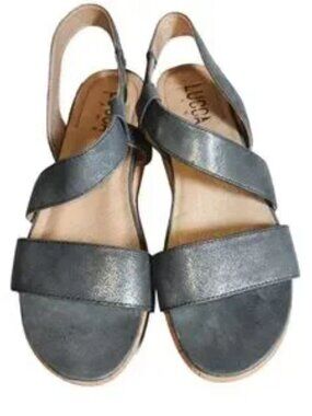 Lucca Lane Olympia Metallic Gray Leather Cork Platform Sandals – Women's 10M